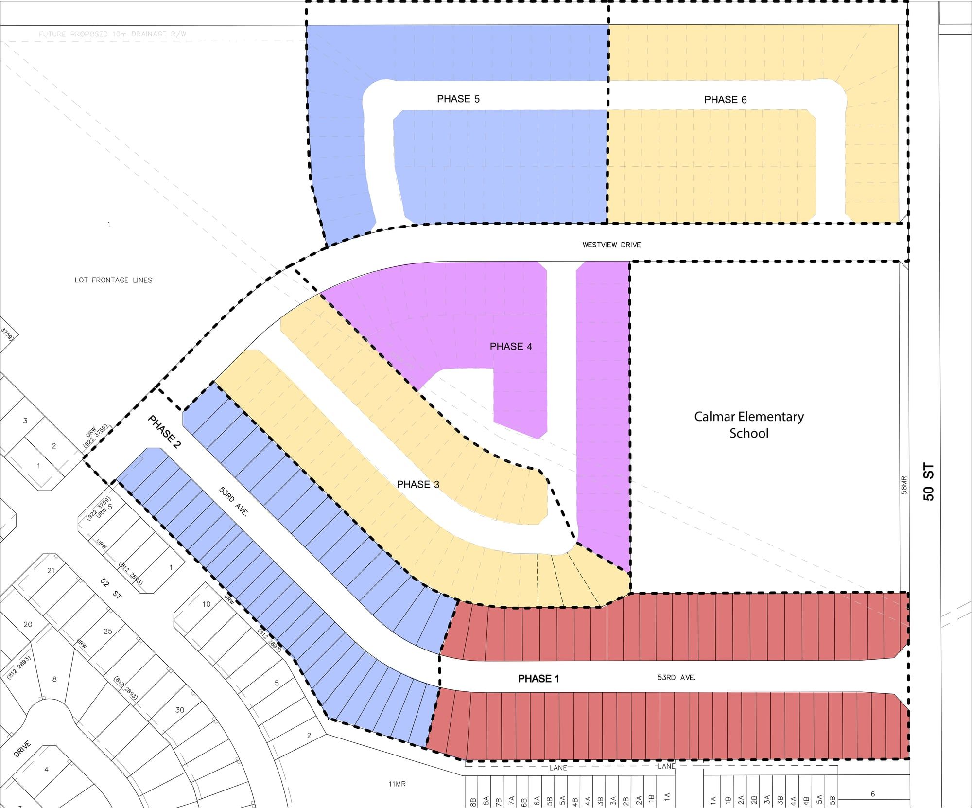 Hawk's Landing master plan showing all six phases. Phase One, in red, runs along 53rd Avenue and is nearly built out. Phase Two, in blue, adjoins it on 53rd Avenue and is now releasing. Calmar Elementary School borders the site on 50 Street.